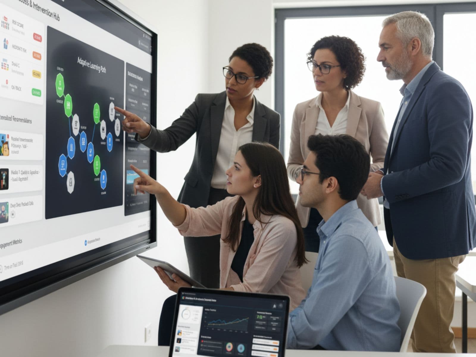 Teachers and students collaborating with AI technology