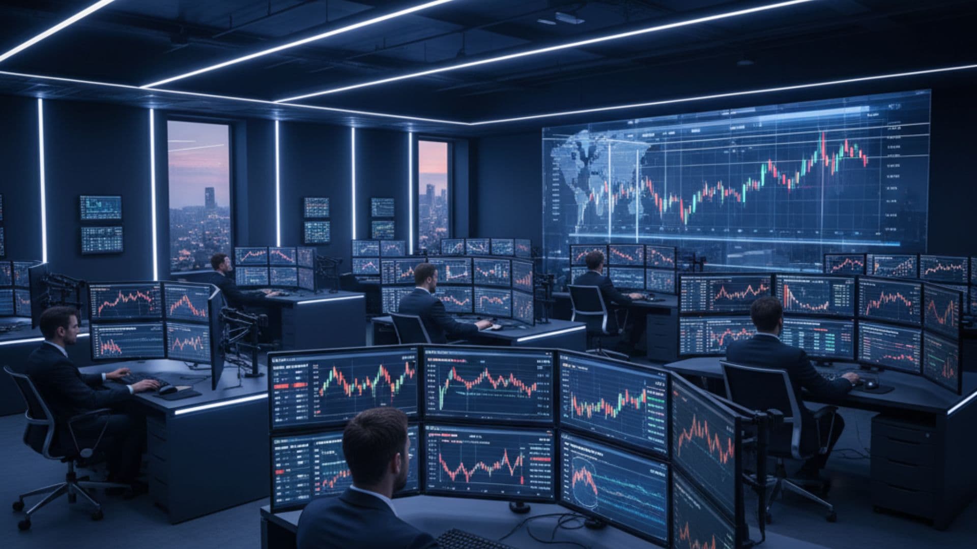 Modern financial trading floor with AI analytics