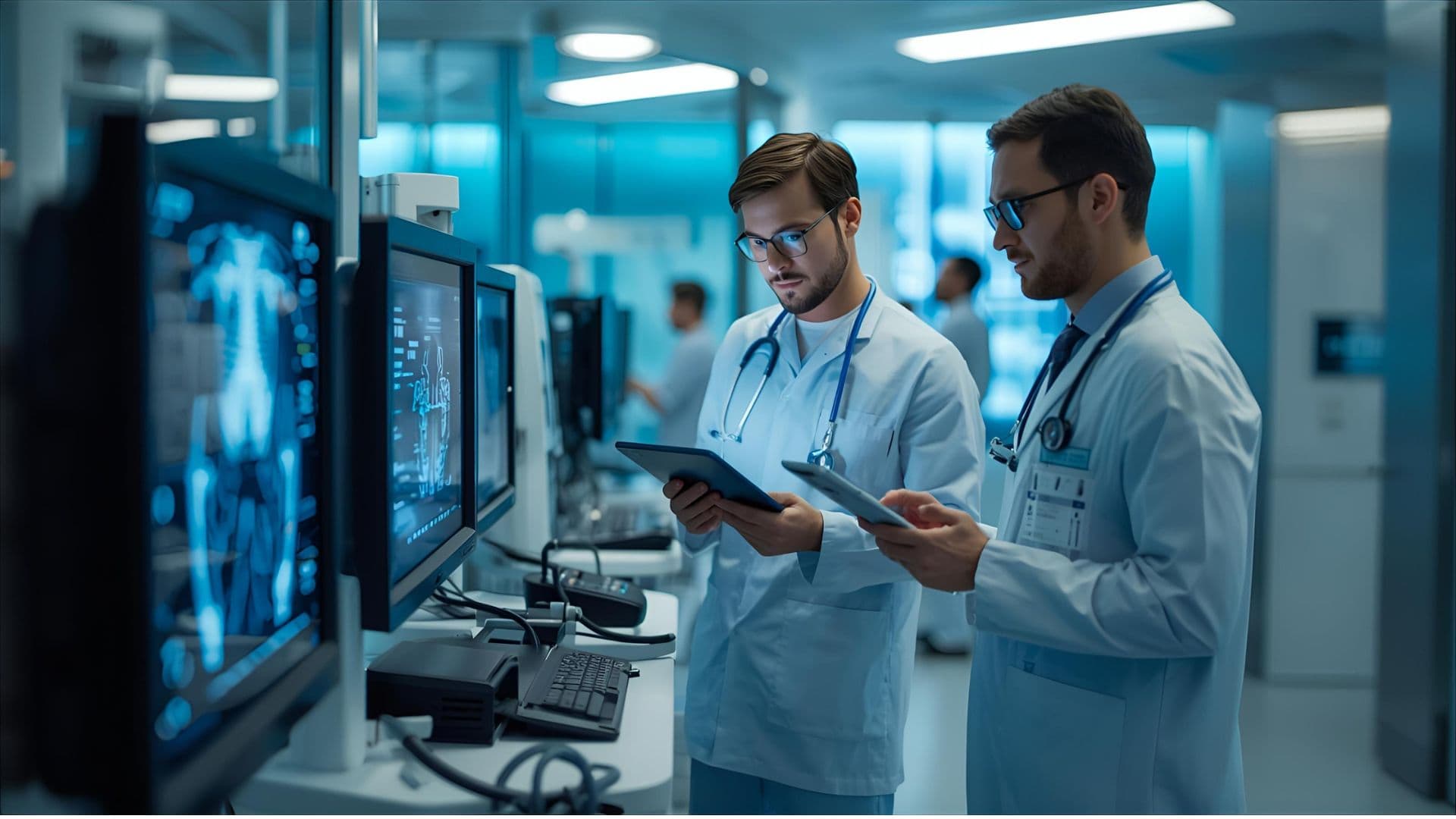 Doctor consulting with patient and AI-enhanced medical scan