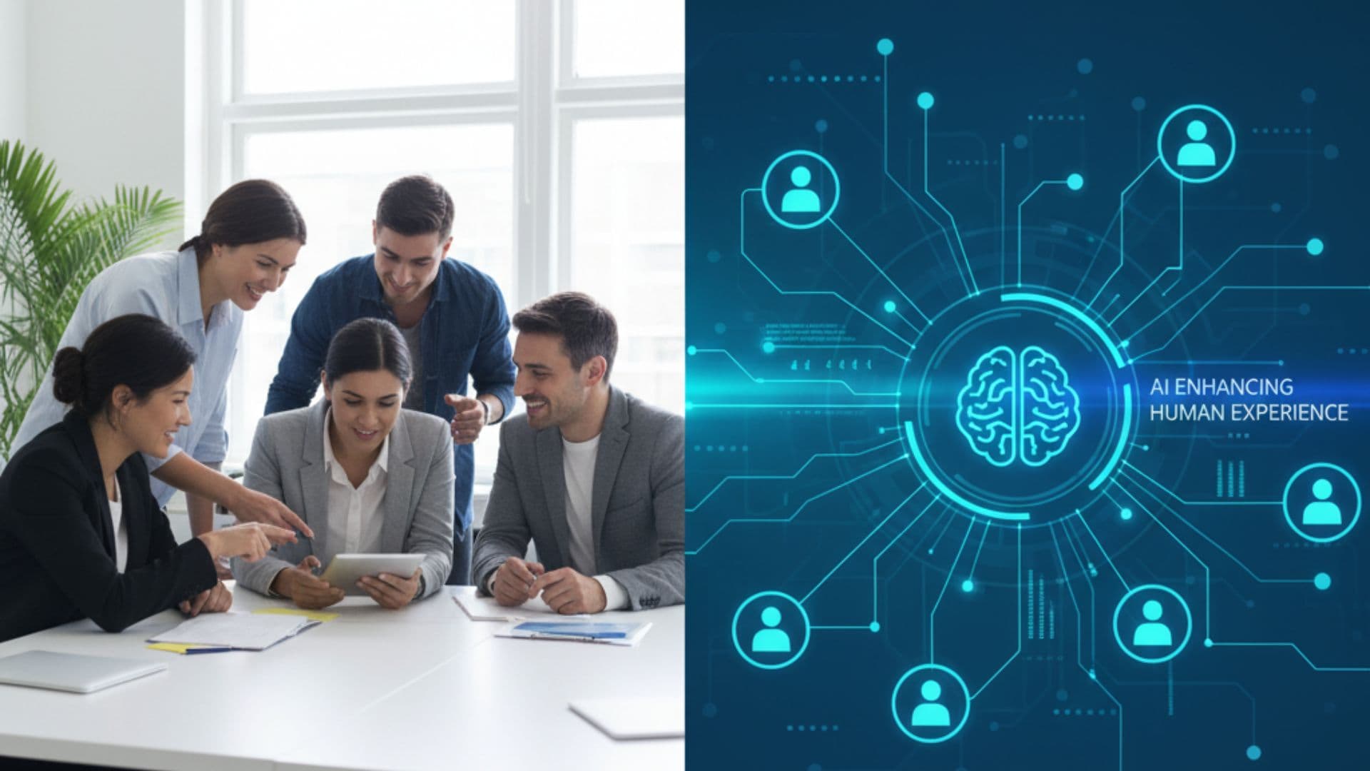 AI-powered HR team collaboration with diverse employees and AI network visualization