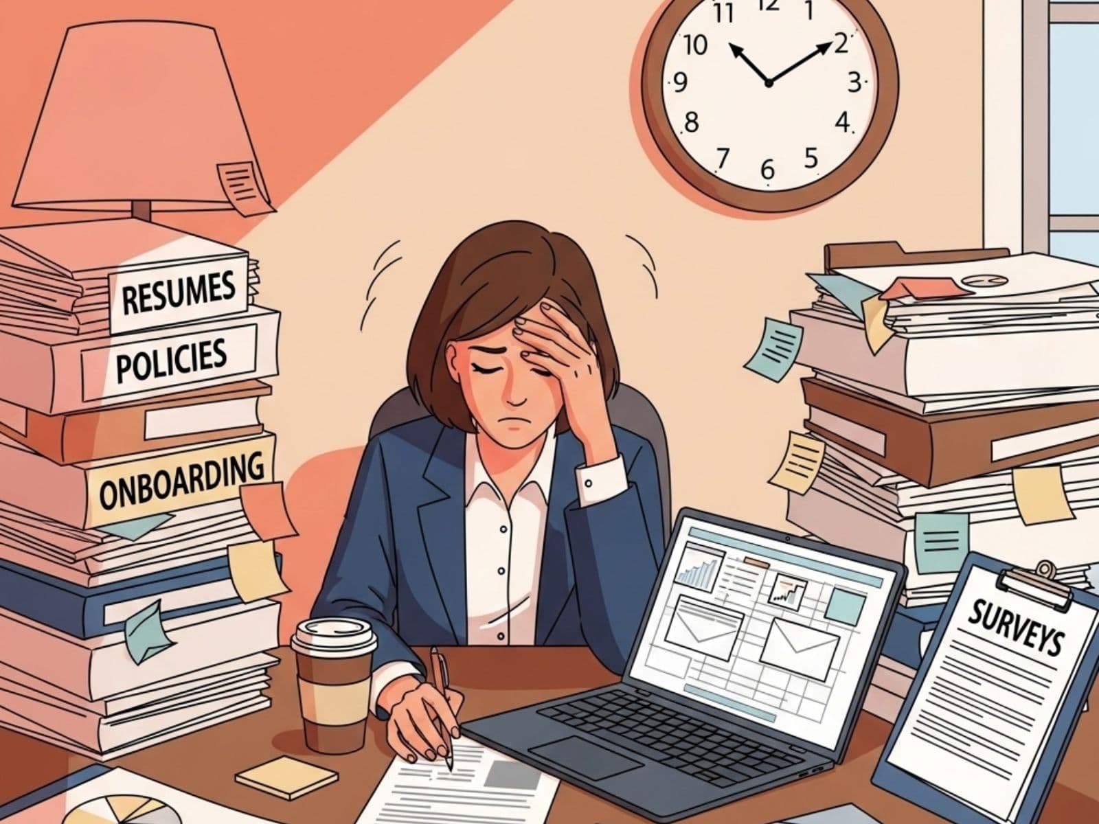 HR manager overwhelmed with paperwork, resumes, policies, and administrative tasks