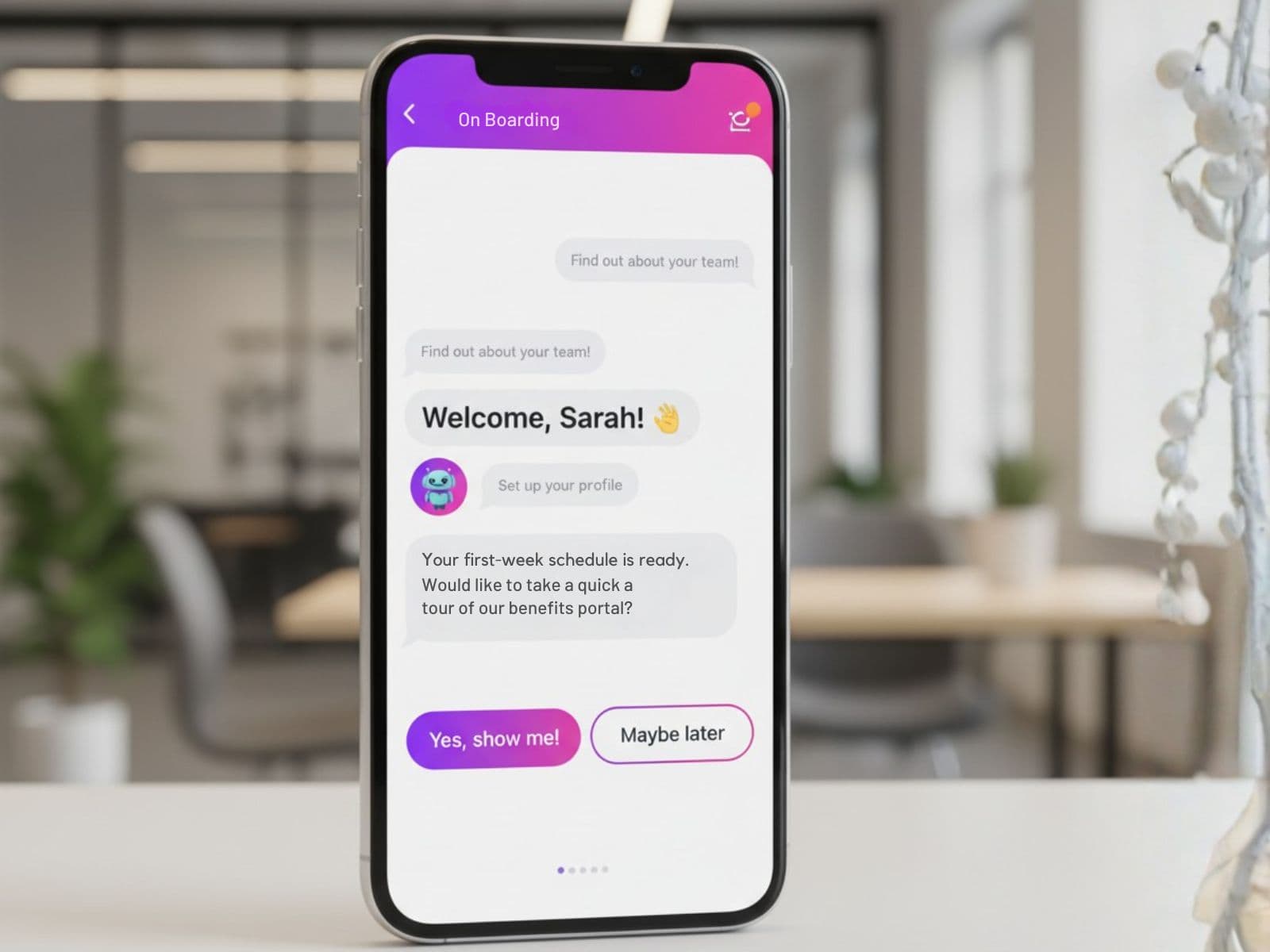 Mobile phone showing AI onboarding chatbot welcoming new employee