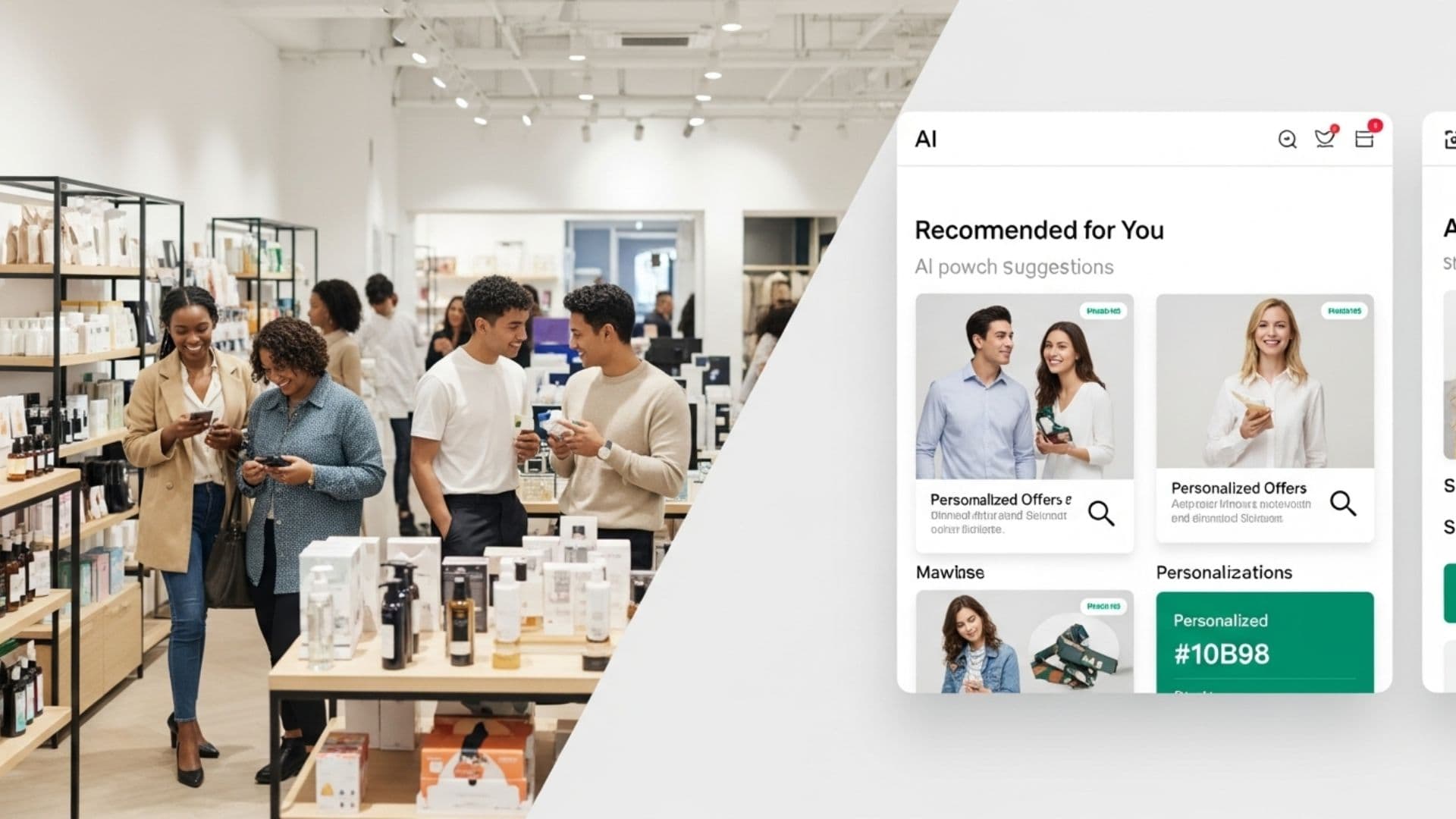 Modern retail store and e-commerce interface with AI elements